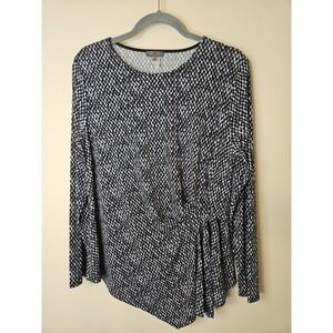 Vince Camuto Blouse Women L Black Gray Gathered Waist Assymetric Hem Stretch